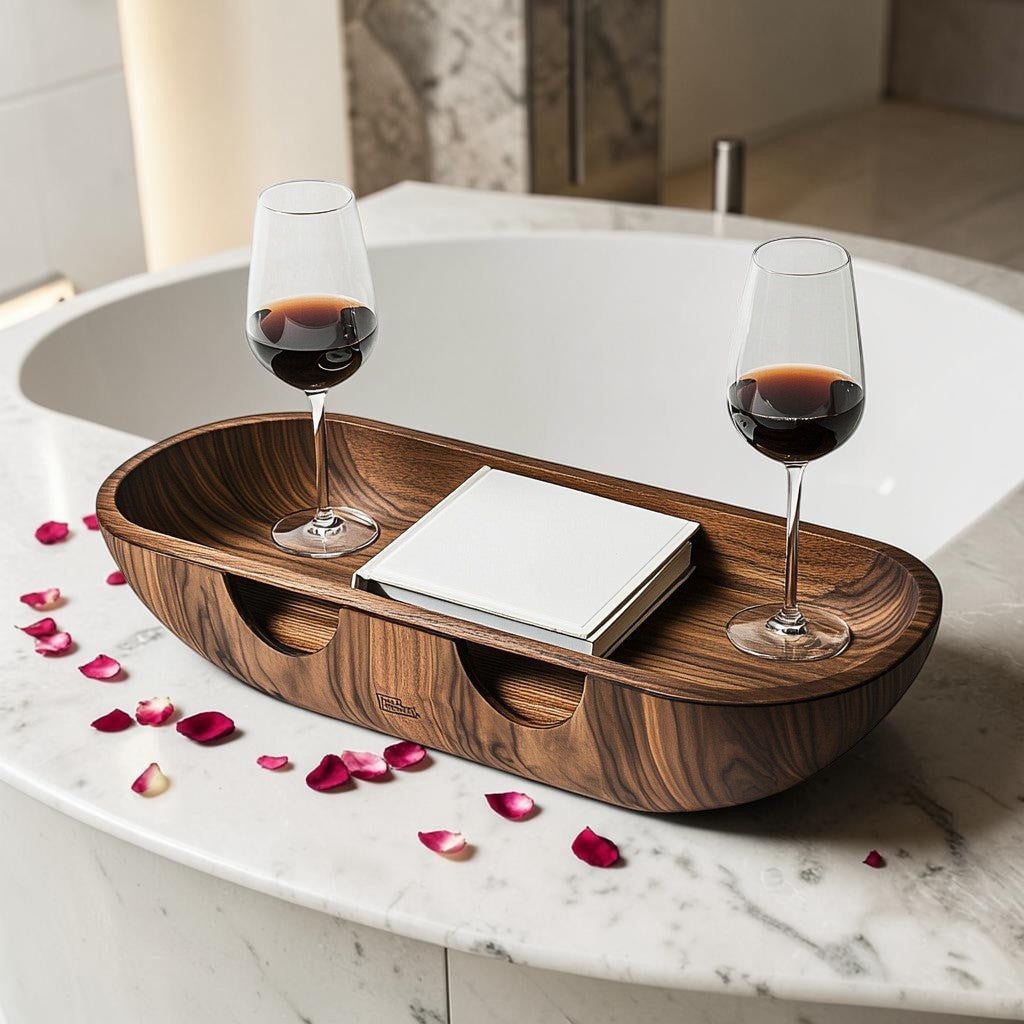 Weson Couples' Bath Tray - Extra Wide Dark Walnut Bathtub Caddy - Dual Wine Glass Holders & Large Tablet Stand - Perfect Anniversary or Wedding Gift