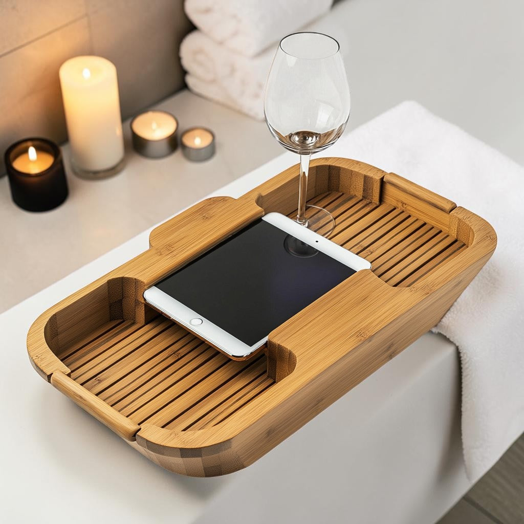 Weson Bamboo Bathtub Caddy Tray - Expandable Wings to Fit Any Tub - Waterproof Wood Bath Tray with Wine Glass, Tablet & Phone Holder - Natural Bamboo